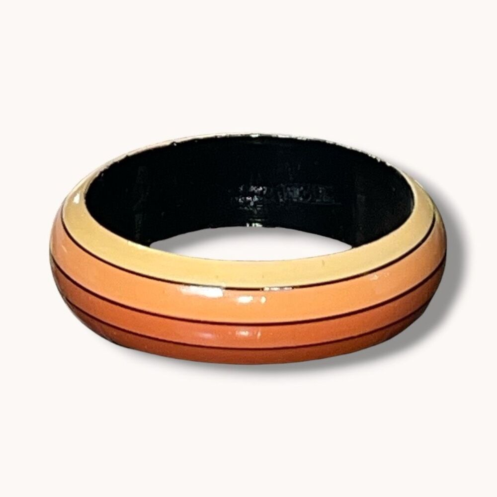Vintage Wood Bangle Bracelet Striped Orange Brown Tan Chunky Retro Mod